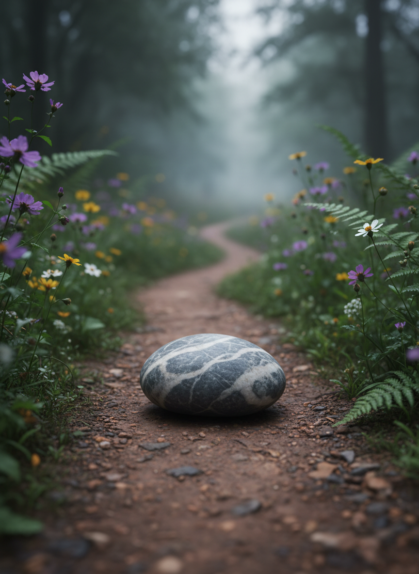 A solitary, smooth river stone, mottled in shades of slate gray and soft white, rests at the center of a narrow dirt path that winds through a lush, green forest. Small wildflowers and fern fronds peek from the edges of the path, slightly out of focus. Cool, diffused overcast light filters through the canopy, softening every edge and leaving faint, graceful shadows beneath the stone. Photographic realism with a low, close-up angle emphasizes the stone as a quiet marker of the journey. The composition follows the rule of thirds, with the path gently leading the eye into the misty background. The atmosphere is reflective and quietly sacred, suggesting mindful steps and unexpected grace along the way.