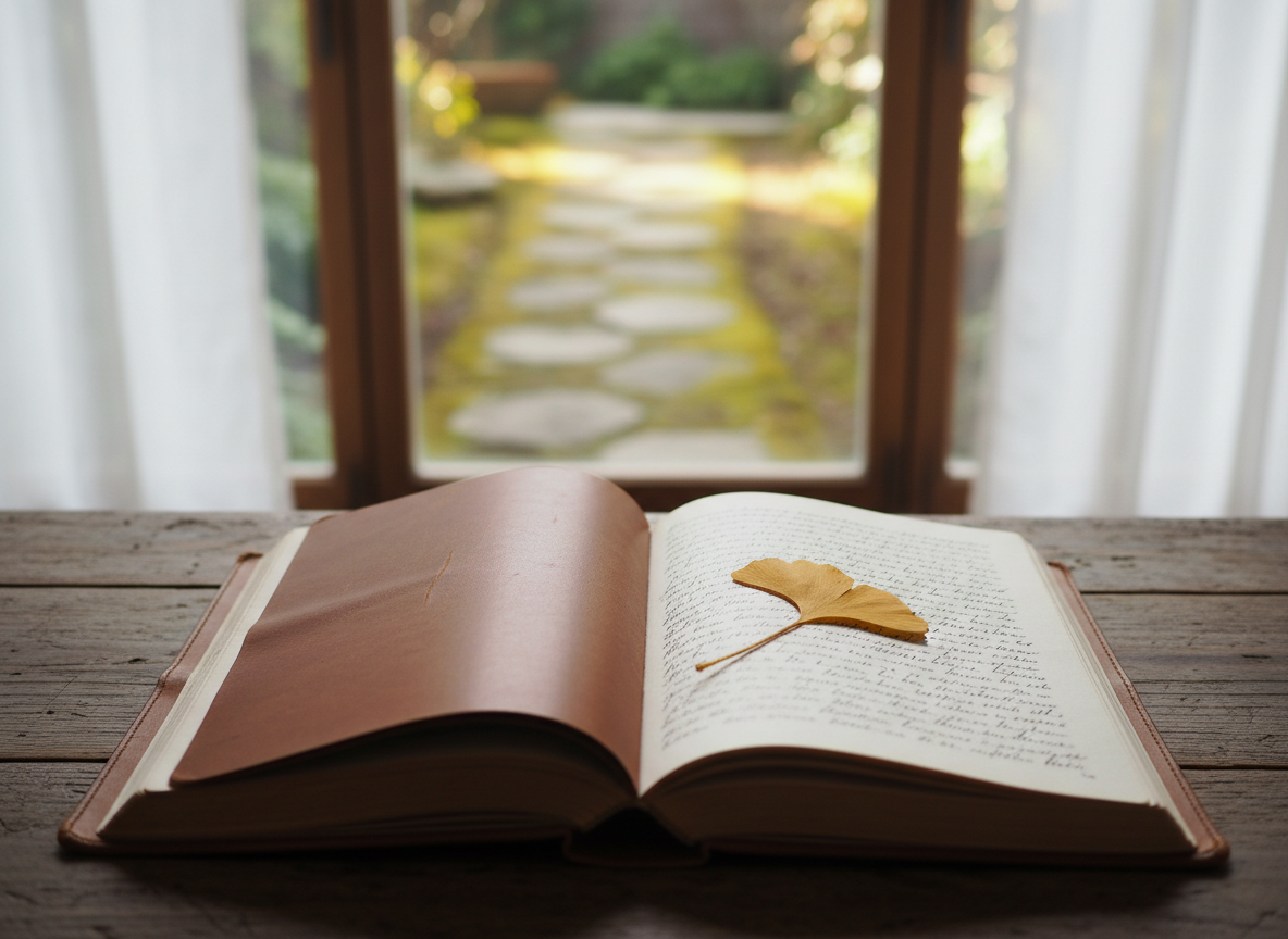 A well-worn leather journal with a soft, chestnut-brown cover lies open on a simple wooden table, its cream pages filled with neat, handwritten reflections and a single dried gingko leaf pressed between them. The table sits near a large window overlooking a quiet garden path of stones and moss. Soft morning light filters through sheer curtains, casting delicate highlights on the journal’s textured cover and creating gentle shadows along the page edges. Photographic realism, eye-level composition with a shallow depth of field keeps the journal in sharp focus while the garden blurs into a tranquil bokeh. The mood is contemplative, serene, and sophisticated, evoking mindful attention to small, divine details in everyday life.